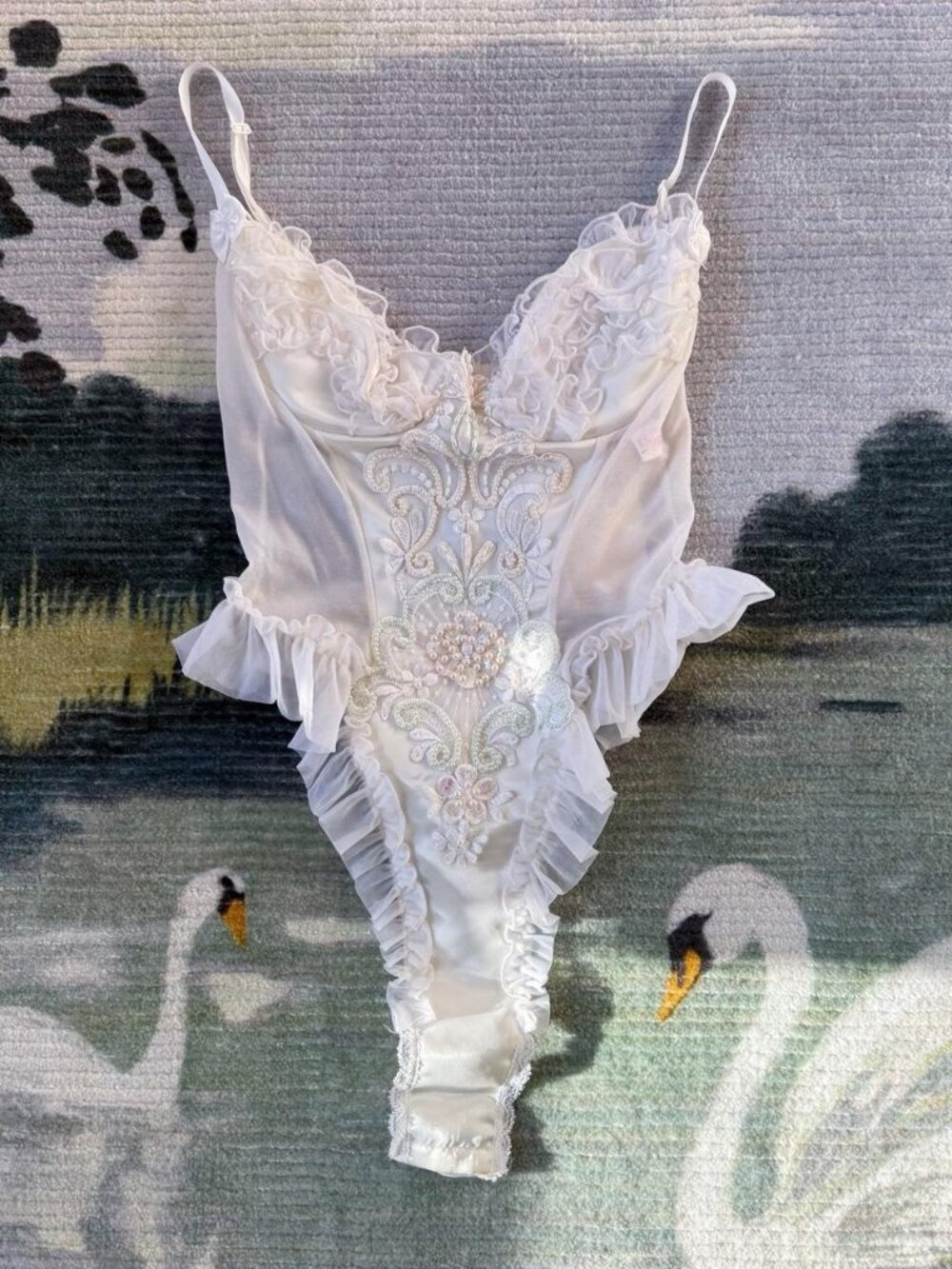 NWT Vintage Faris Lingerie White Beaded Teddy
